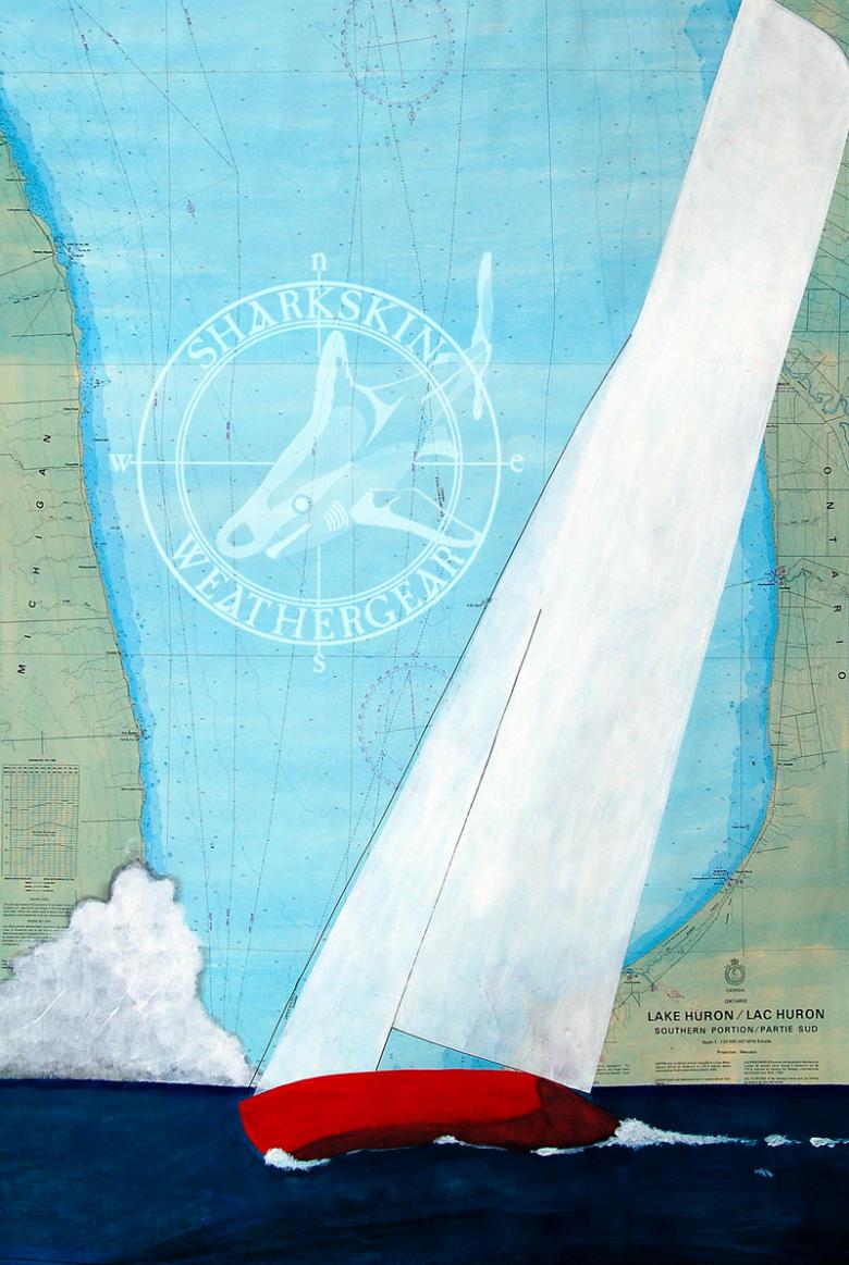 sailboat on a chart of lower lake huron